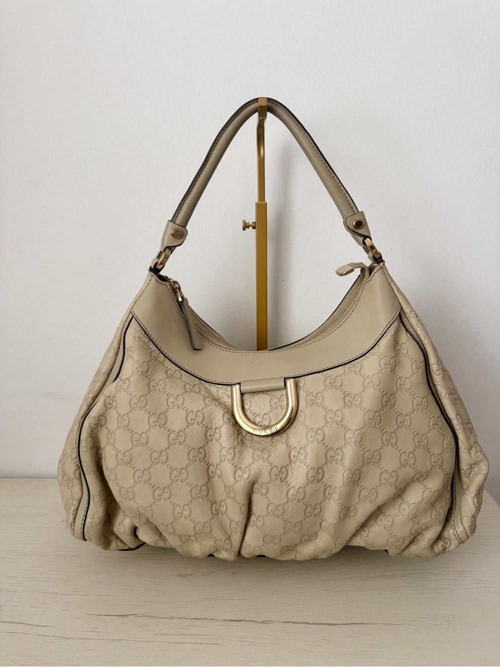 Gucci Beige Monogram Hobo Shoulder Bag with Gold D-Ring